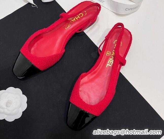 Stylish Chanel Tweed & Patent Calfskin Slingbacks Flats Red 7230019