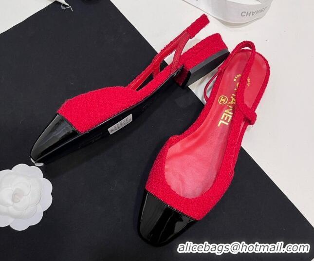 Stylish Chanel Tweed & Patent Calfskin Slingbacks Flats Red 7230019