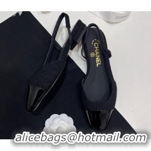 Charming Chanel Tweed & Patent Calfskin Slingbacks Flats Black 7230020