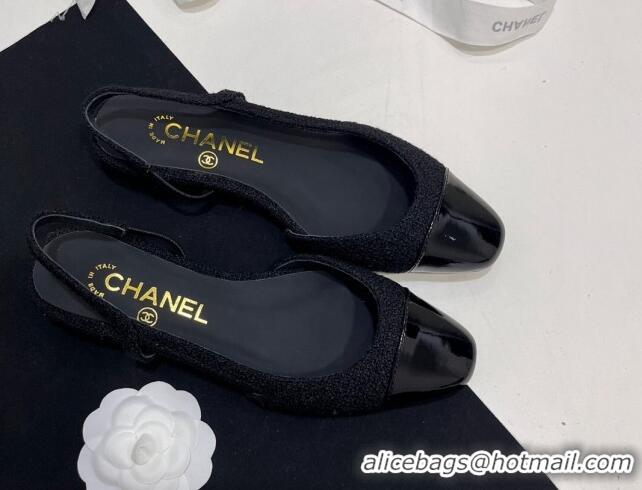 Charming Chanel Tweed & Patent Calfskin Slingbacks Flats Black 7230020