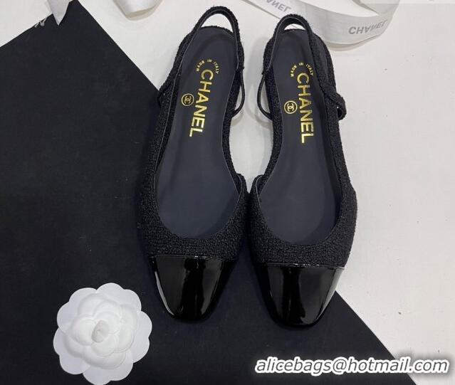 Charming Chanel Tweed & Patent Calfskin Slingbacks Flats Black 7230020