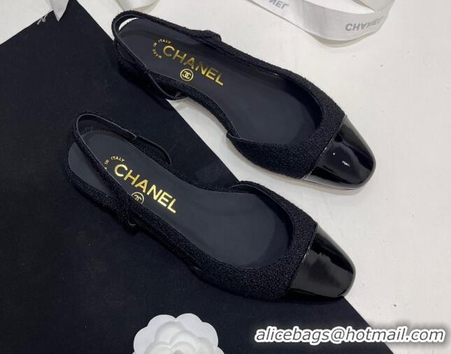 Charming Chanel Tweed & Patent Calfskin Slingbacks Flats Black 7230020