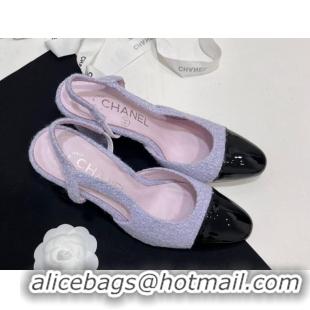 Low Price Chanel Tweed & Patent Calfskin Slingbacks Pumps 6.5cm Lilac Purple 7230022