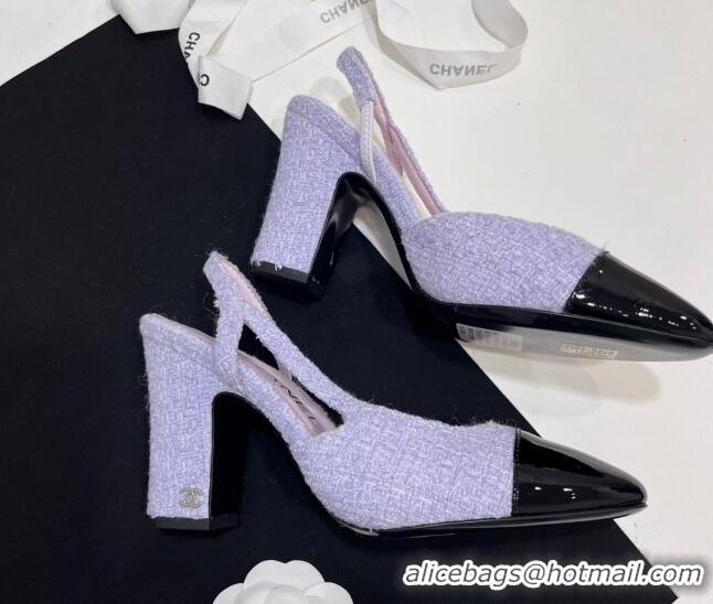 Low Price Chanel Tweed & Patent Calfskin Slingbacks Pumps 6.5cm Lilac Purple 7230022