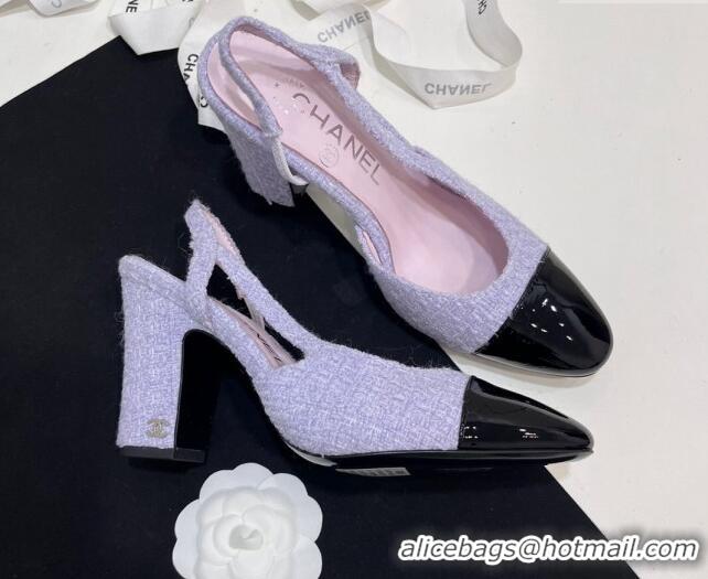 Low Price Chanel Tweed & Patent Calfskin Slingbacks Pumps 6.5cm Lilac Purple 7230022