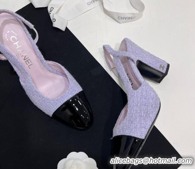 Low Price Chanel Tweed & Patent Calfskin Slingbacks Pumps 6.5cm Lilac Purple 7230022