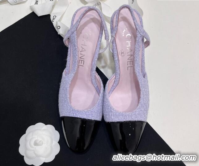 Low Price Chanel Tweed & Patent Calfskin Slingbacks Pumps 6.5cm Lilac Purple 7230022