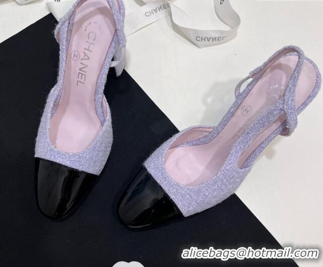 Low Price Chanel Tweed & Patent Calfskin Slingbacks Pumps 6.5cm Lilac Purple 7230022