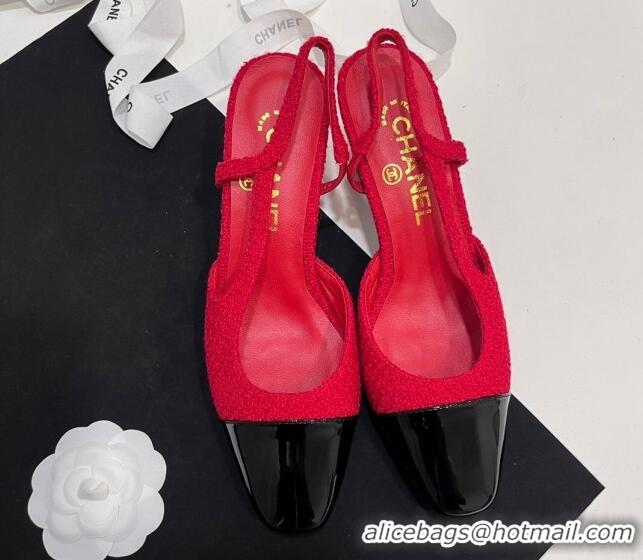 Shop Duplicate Chanel Tweed & Patent Calfskin Slingbacks Pumps 6.5cm Red 7230023