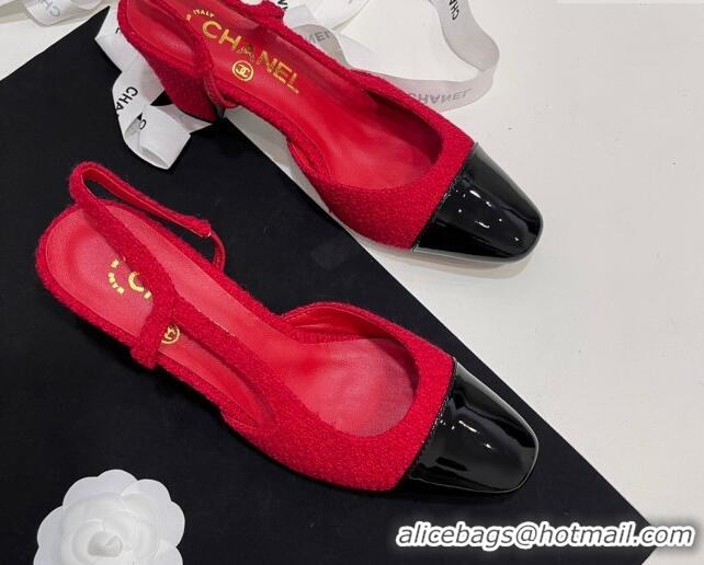 Shop Duplicate Chanel Tweed & Patent Calfskin Slingbacks Pumps 6.5cm Red 7230023