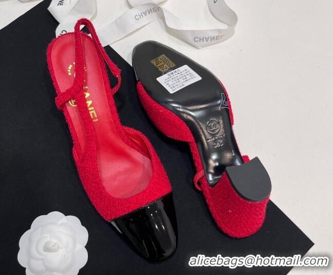 Shop Duplicate Chanel Tweed & Patent Calfskin Slingbacks Pumps 6.5cm Red 7230023