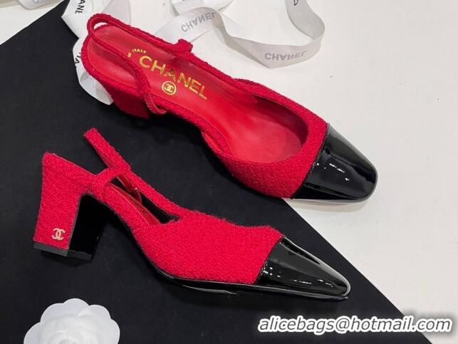 Shop Duplicate Chanel Tweed & Patent Calfskin Slingbacks Pumps 6.5cm Red 7230023