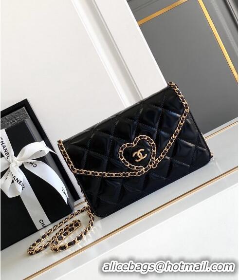 Top Quality Chanel Heart Patent Calfskin Wallet On Chain WOC AP4013 Black 2024