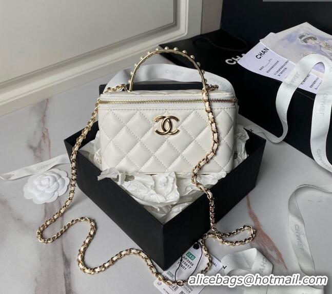 Well Crafted Chanel Lambskin Clutch with Chain and Pearls Top handle AP3956 White 2024