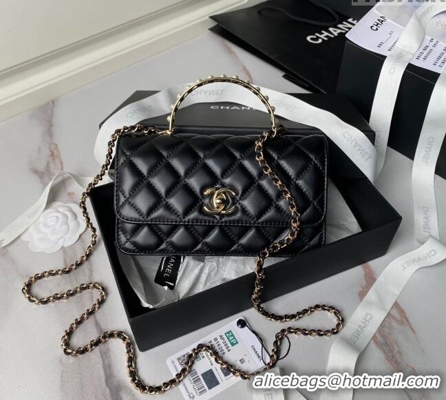 Good Quality Chanel Lambskin Clutch with Chain and Pearls Top handle AP3954 Black 2024