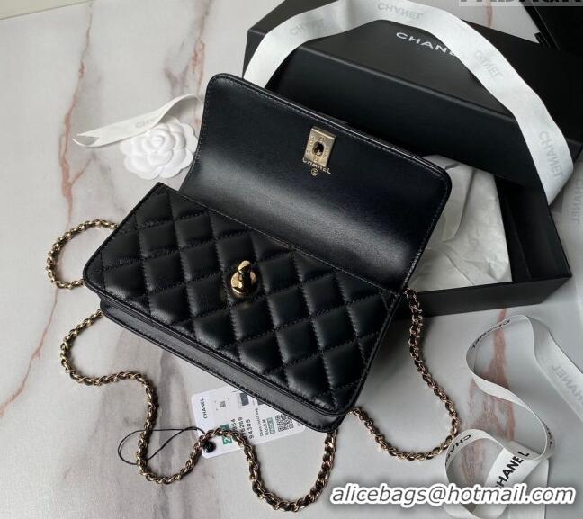 Good Quality Chanel Lambskin Clutch with Chain and Pearls Top handle AP3954 Black 2024