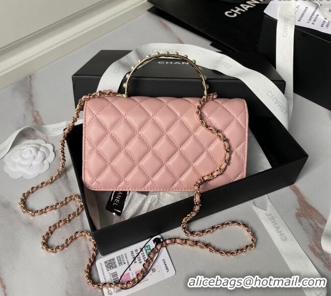 Shop Cheap Chanel Lambskin Clutch with Chain and Pearls Top handle AP3954 Light Pink 2024