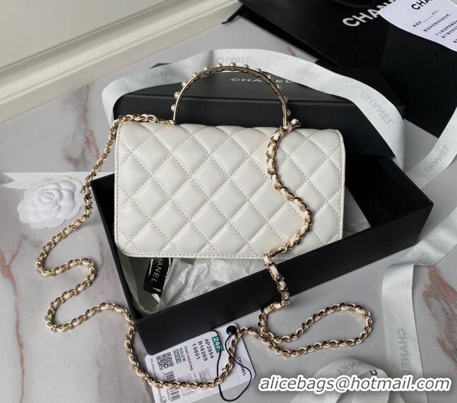 Well Crafted Chanel Lambskin Clutch with Chain and Pearls Top handle AP3954 White 2024