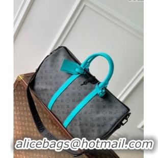 Top Design Louis Vuitton Keepall Bandouliere 45 Bag in Grey Monogram Eclipse Canvas/Turquoise Blue M11481 2024