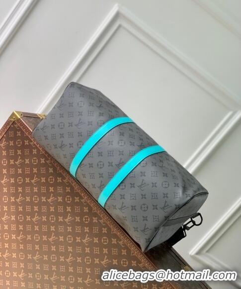 Top Design Louis Vuitton Keepall Bandouliere 45 Bag in Grey Monogram Eclipse Canvas/Turquoise Blue M11481 2024