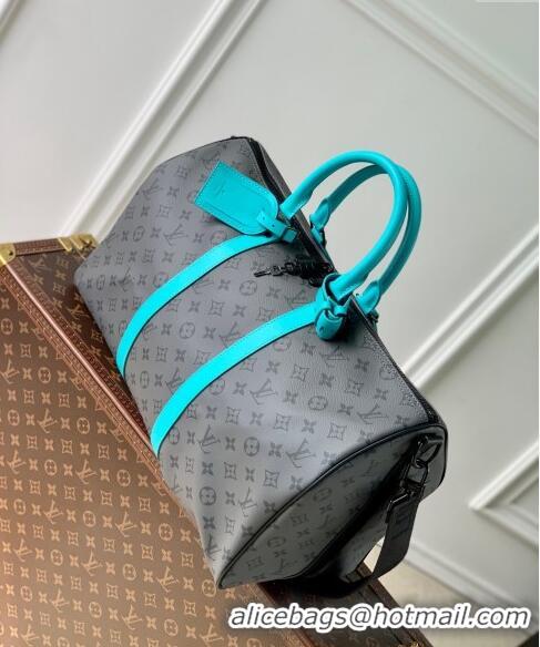 Top Design Louis Vuitton Keepall Bandouliere 45 Bag in Grey Monogram Eclipse Canvas/Turquoise Blue M11481 2024