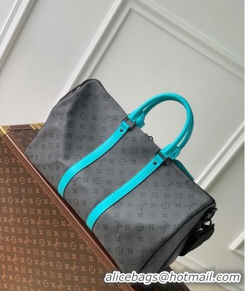 Top Design Louis Vuitton Keepall Bandouliere 45 Bag in Grey Monogram Eclipse Canvas/Turquoise Blue M11481 2024