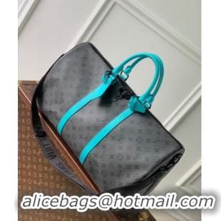 Top Grade Louis Vuitton Keepall Bandoulière 50 Bag in Grey Monogram Eclipse Canvas M11481 Turquoise Blue 2024