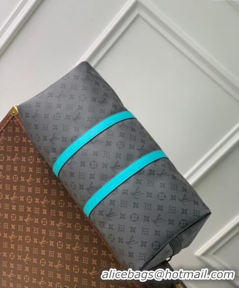 Top Grade Louis Vuitton Keepall Bandoulière 50 Bag in Grey Monogram Eclipse Canvas M11481 Turquoise Blue 2024