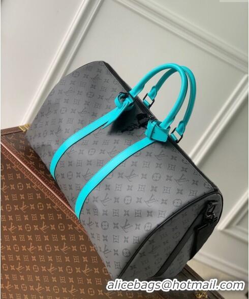 Top Grade Louis Vuitton Keepall Bandoulière 50 Bag in Grey Monogram Eclipse Canvas M11481 Turquoise Blue 2024