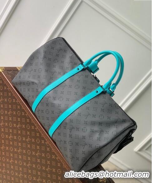 Top Grade Louis Vuitton Keepall Bandoulière 50 Bag in Grey Monogram Eclipse Canvas M11481 Turquoise Blue 2024