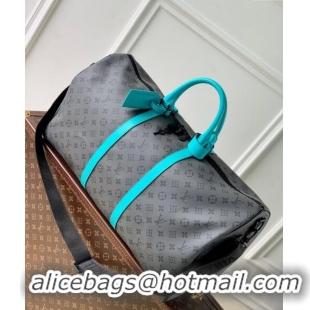 Top Grade Louis Vuitton Keepall Bandoulière 55 Bag in Grey Monogram Eclipse Canvas M11481 Turquoise Blue 2024