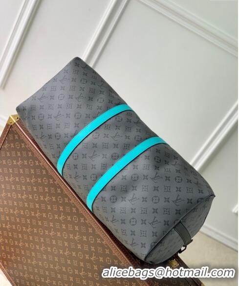 Top Grade Louis Vuitton Keepall Bandoulière 55 Bag in Grey Monogram Eclipse Canvas M11481 Turquoise Blue 2024