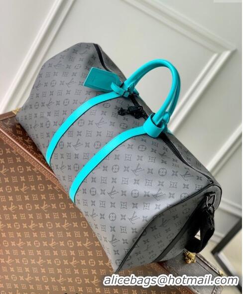 Top Grade Louis Vuitton Keepall Bandoulière 55 Bag in Grey Monogram Eclipse Canvas M11481 Turquoise Blue 2024