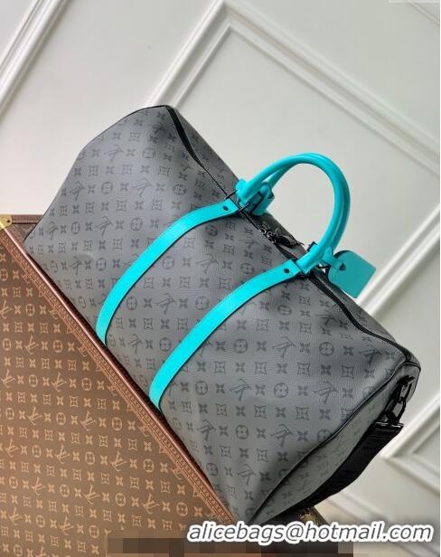 Top Grade Louis Vuitton Keepall Bandoulière 55 Bag in Grey Monogram Eclipse Canvas M11481 Turquoise Blue 2024