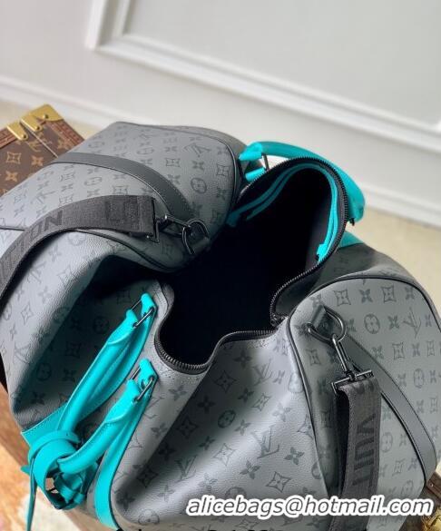 Top Grade Louis Vuitton Keepall Bandoulière 55 Bag in Grey Monogram Eclipse Canvas M11481 Turquoise Blue 2024