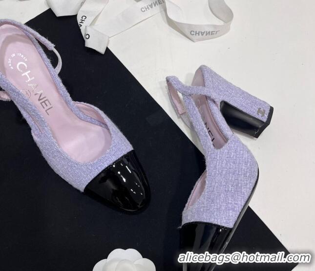 Best Grade Chanel Tweed & Patent Calfskin Slingbacks Pumps 9.5cm Lilac Purple 7230026