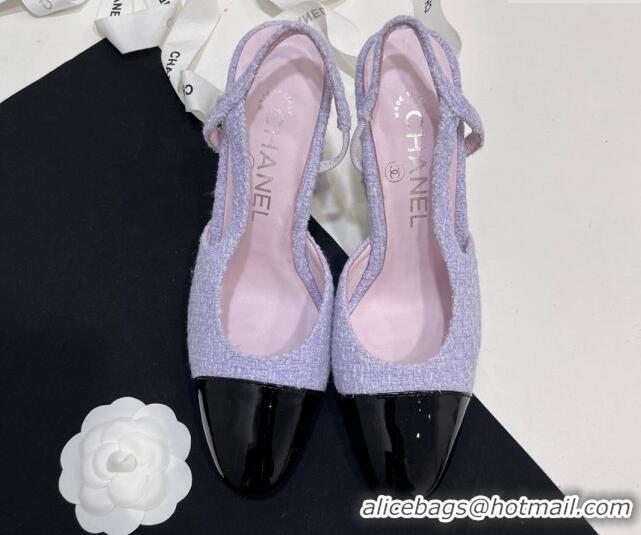 Best Grade Chanel Tweed & Patent Calfskin Slingbacks Pumps 9.5cm Lilac Purple 7230026