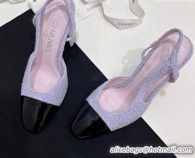 Best Grade Chanel Tweed & Patent Calfskin Slingbacks Pumps 9.5cm Lilac Purple 7230026