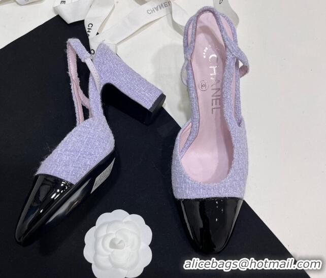 Best Grade Chanel Tweed & Patent Calfskin Slingbacks Pumps 9.5cm Lilac Purple 7230026