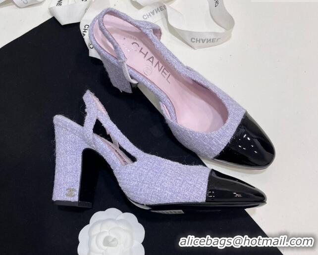 Best Grade Chanel Tweed & Patent Calfskin Slingbacks Pumps 9.5cm Lilac Purple 7230026