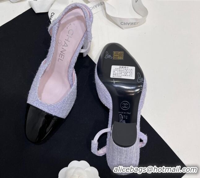 Best Grade Chanel Tweed & Patent Calfskin Slingbacks Pumps 9.5cm Lilac Purple 7230026