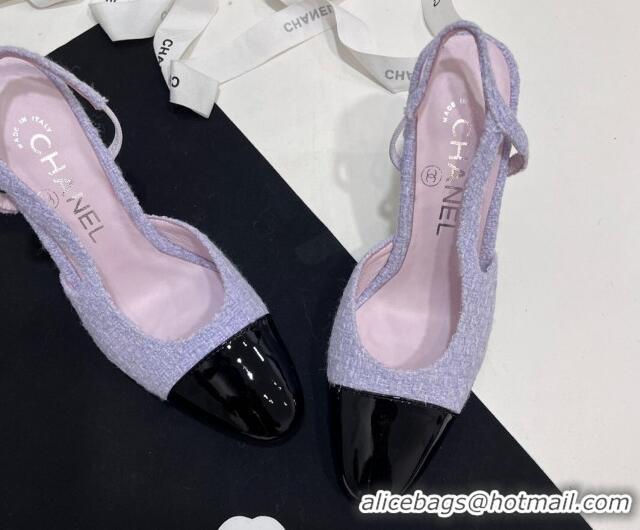 Best Grade Chanel Tweed & Patent Calfskin Slingbacks Pumps 9.5cm Lilac Purple 7230026