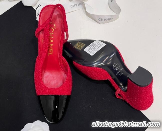 Luxurious Chanel Tweed & Patent Calfskin Slingbacks Pumps 9.5cm Red 230027