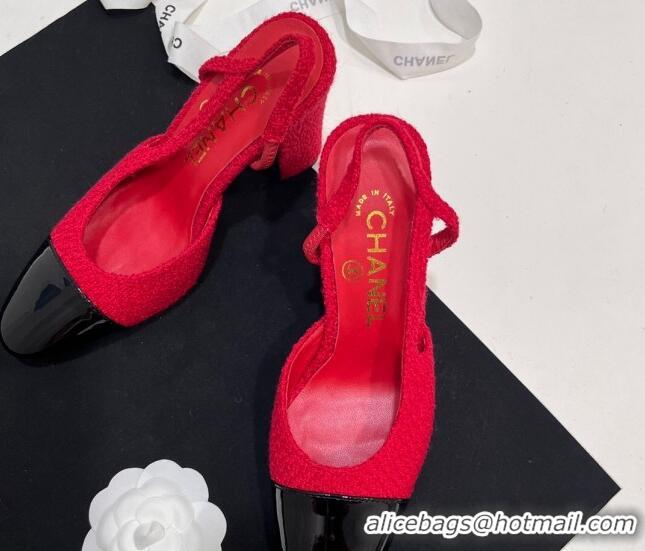 Luxurious Chanel Tweed & Patent Calfskin Slingbacks Pumps 9.5cm Red 230027