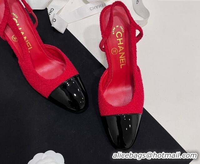 Luxurious Chanel Tweed & Patent Calfskin Slingbacks Pumps 9.5cm Red 230027