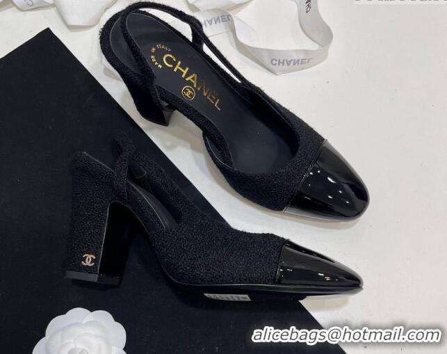 Unique Style Chanel Tweed & Patent Calfskin Slingbacks Pumps 9.5cm Black 230028