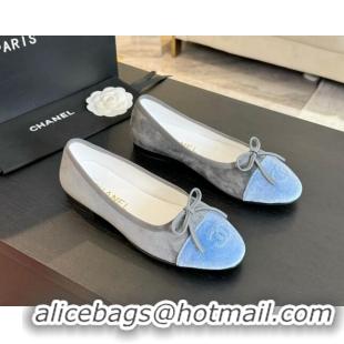 Top Design Chanel Velvet Ballet Flats Light Grey/Blue 7230039