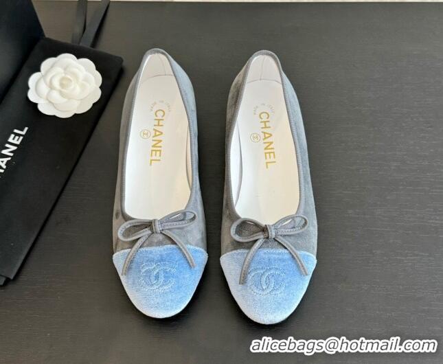 Top Design Chanel Velvet Ballet Flats Light Grey/Blue 7230039