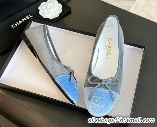 Top Design Chanel Velvet Ballet Flats Light Grey/Blue 7230039