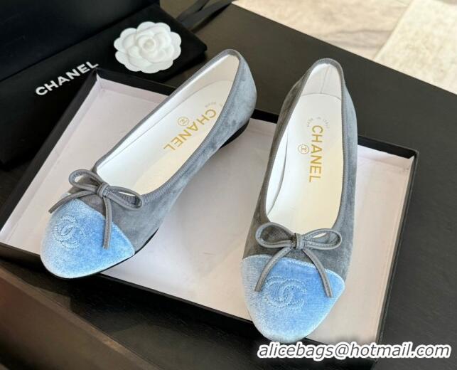 Top Design Chanel Velvet Ballet Flats Light Grey/Blue 7230039